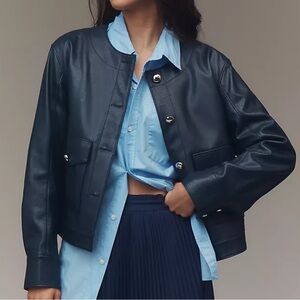 Anthropologie Maeve Crew-Neck Faux-Leather Jacket Navy Medium IN STORES NOW $168